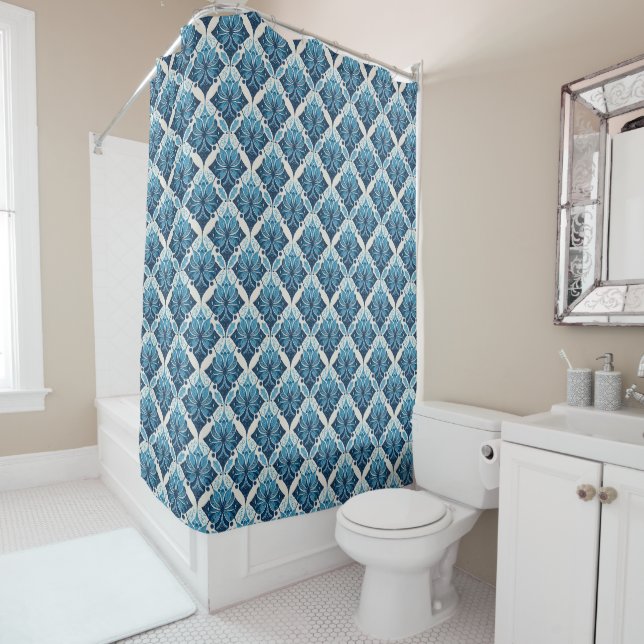 Rideaux De Douche Motif floral boho élégant en bleu (En situation)