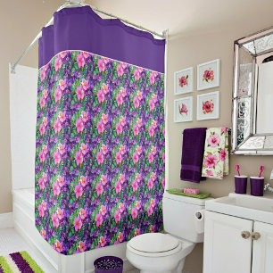 Rideaux De Douche Motif floral botanique violet et rose 