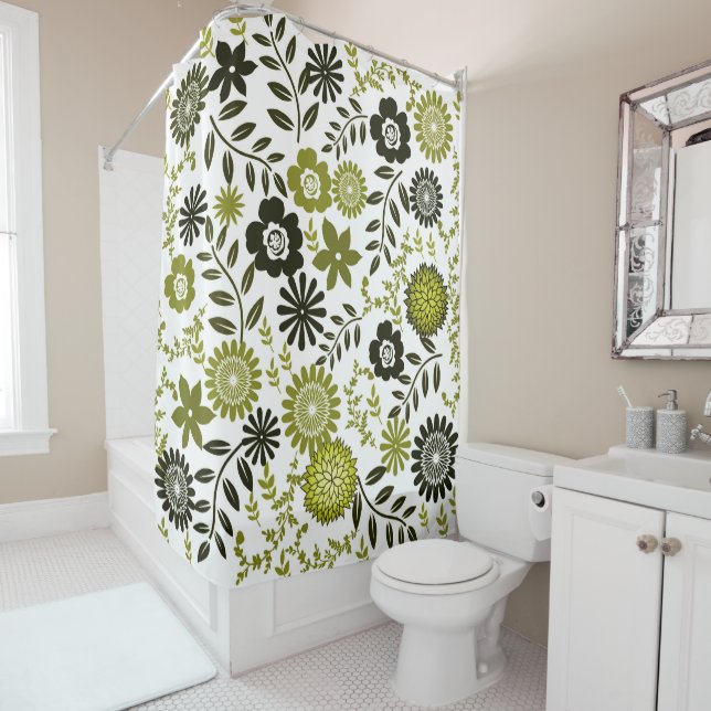 Rideaux De Douche Motif floral Chartreuse et foncé de vert olive (En situation)