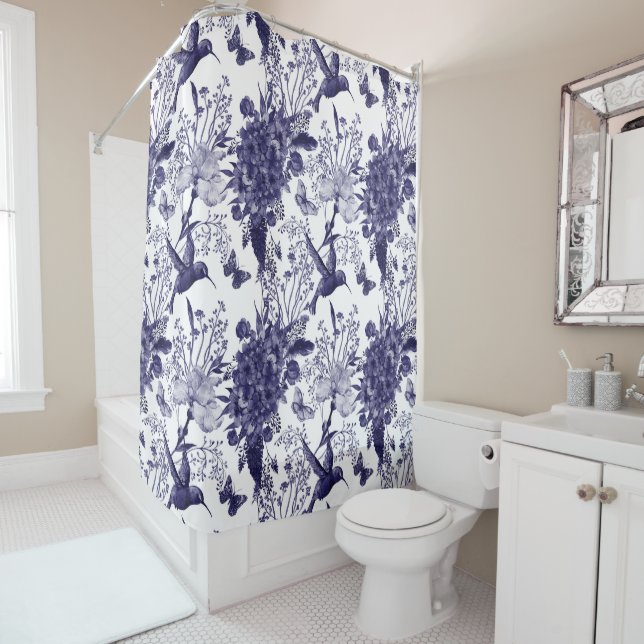 Rideaux De Douche Motif floral de colibri bleu (En situation)