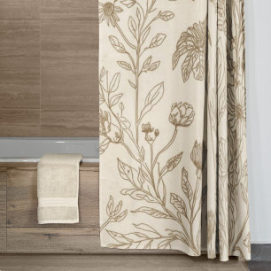 Rideaux De Douche Motif floral de dessin au trait botanique sépia an
