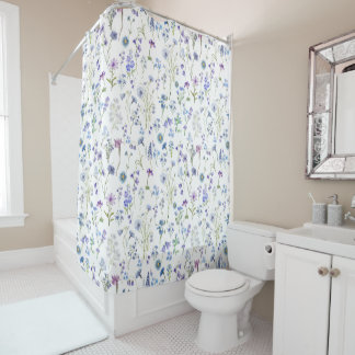 Rideaux De Douche Motif floral de fleur sauvage bleu violet aquarell