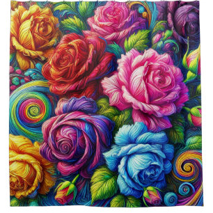 Rideaux De Douche Motif floral de rose, art vibrant tourbillonnant