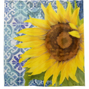 Rideaux De Douche Motif floral de tuile de tournesol en bois