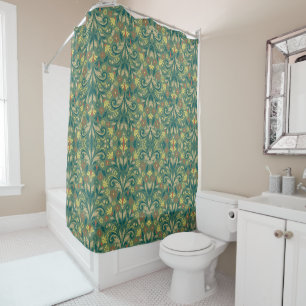 Rideaux De Douche Motif floral élégant en jaune et rouge sur fond ve