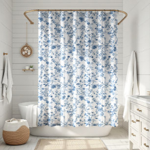 Rideaux De Douche Motif floral élégant Toile bleu et blanc