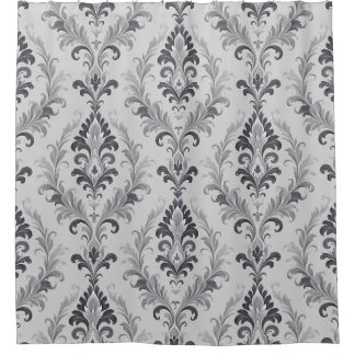 Rideaux De Douche Motif floral en damas baroque gris argenté