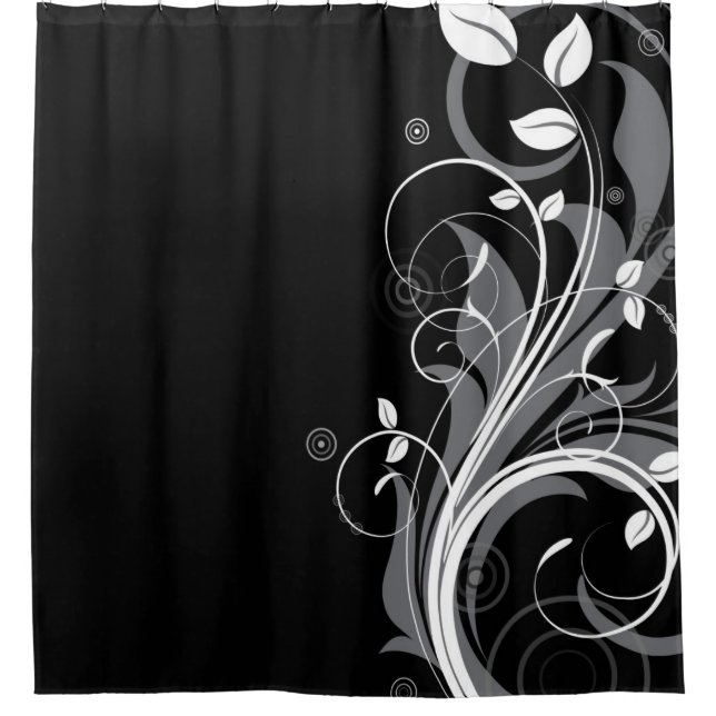 Rideaux De Douche Motif floral gris sur le noir (Devant)