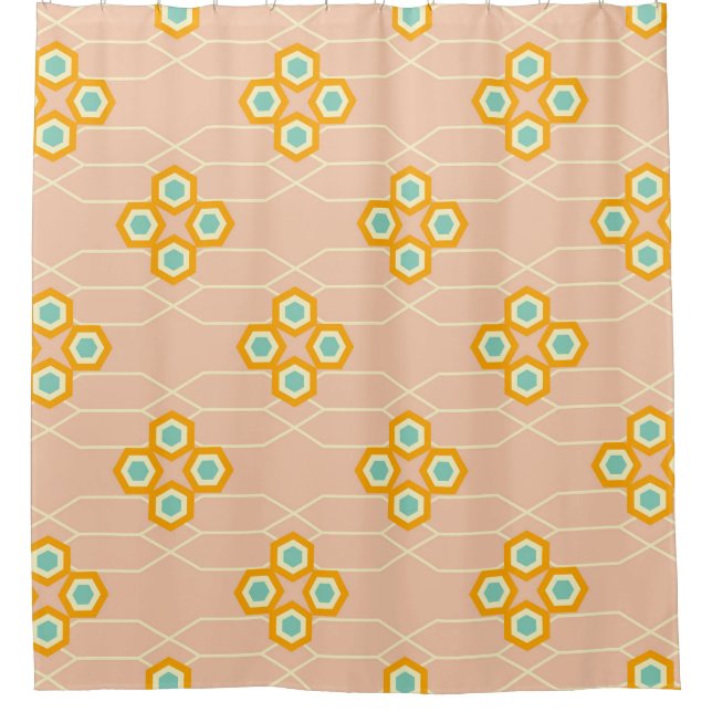 Rideaux De Douche Motif floral hexagonal sur fond pêche  (Devant)