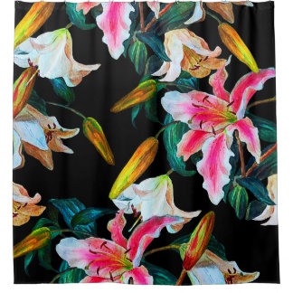 Rideaux De Douche Motif floral incomparable. Lys blanc et rose sur u