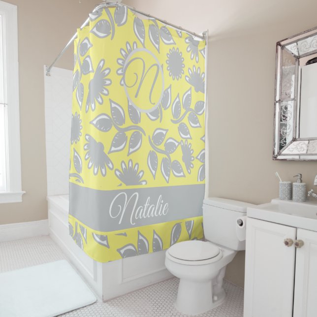 Rideaux De Douche Motif floral jaune gris - monogrammaire (En situation)