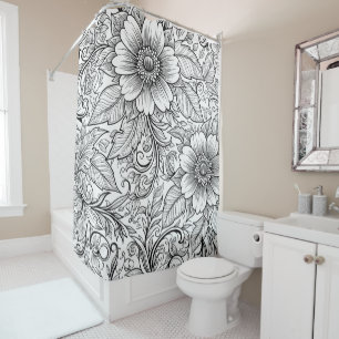 Rideaux De Douche Motif floral monochrome chic de luxe (3)