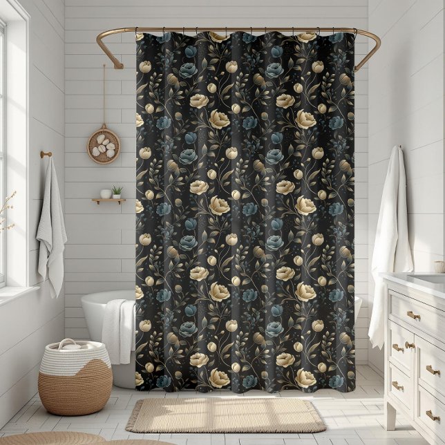 Rideaux De Douche Motif Floral Orné Or Et Bleu (Golden And Blue Ornate Floral Bloom Pattern Shower Curtain)