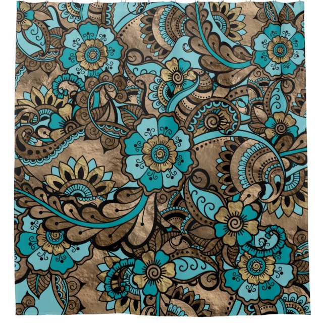 Rideaux De Douche Motif Floral Paisley - turquoise et doré (Devant)