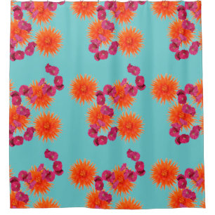 Rideaux De Douche Motif floral rose orange bleu turquoise coloré