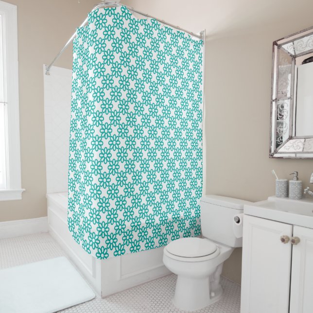 Rideaux De Douche Motif floral sarcelle et blanc mignon (En situation)