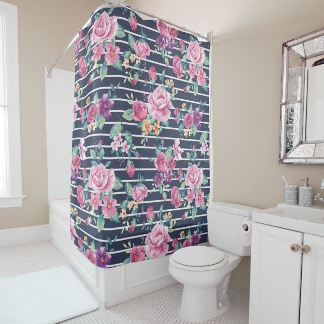 Rideaux De Douche Motif floral sur le feuillage Rose rayé rose pourp (En situation)
