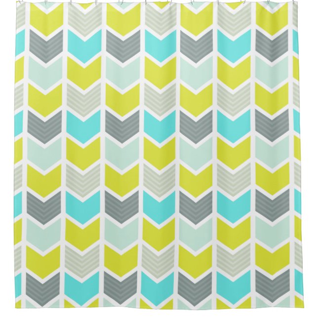Rideaux De Douche Motif géométrique gris jaune bleu de Chevron (Devant)