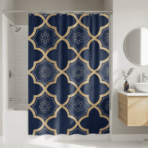 Rideaux De Douche Motif géométrique quatrefeuilles marocain or et bl