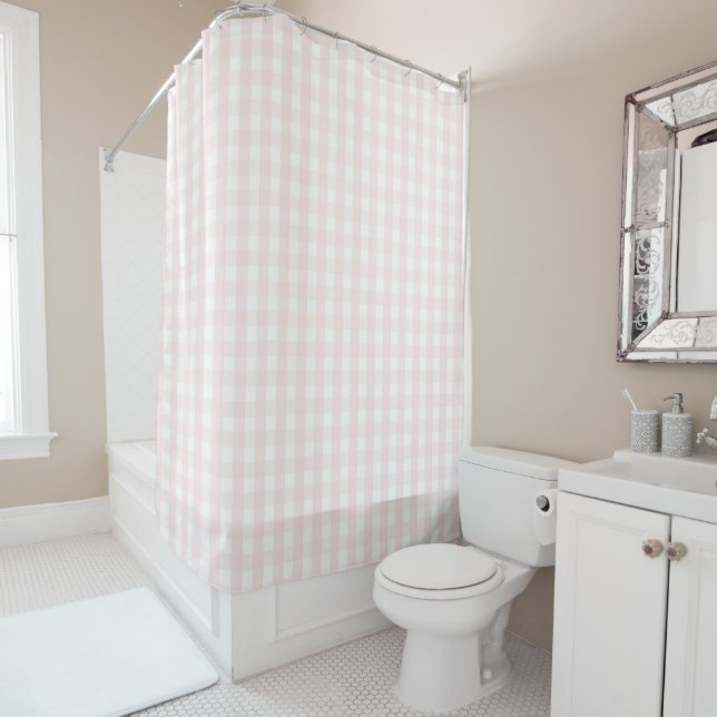 Rideaux De Douche Motif Gingham Pastel Rose Moderne de Ferme (En situation)