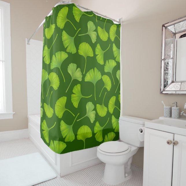 Rideaux De Douche Motif Ginkgo sur vert foncé (En situation)