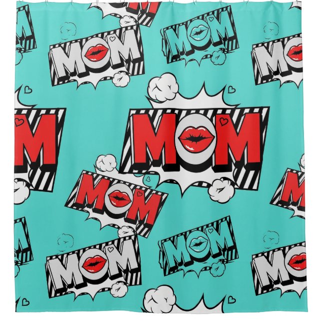 Rideaux De Douche Motif graphique MAMAN bande dessinée turquoise gra (Devant)