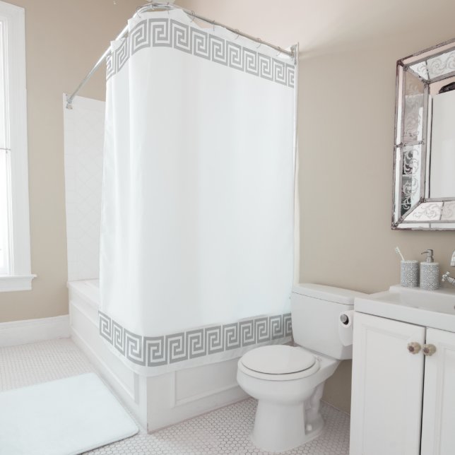 Rideaux De Douche Motif grec gris clair sur fond blanc (En situation)