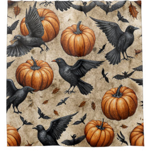 Rideaux De Douche Motif Halloween Citrouilles, Corbeaux et Chauves-s