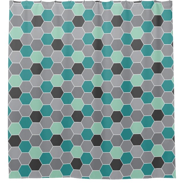 Rideaux De Douche Motif Honeycomb turquoise et gris (Devant)