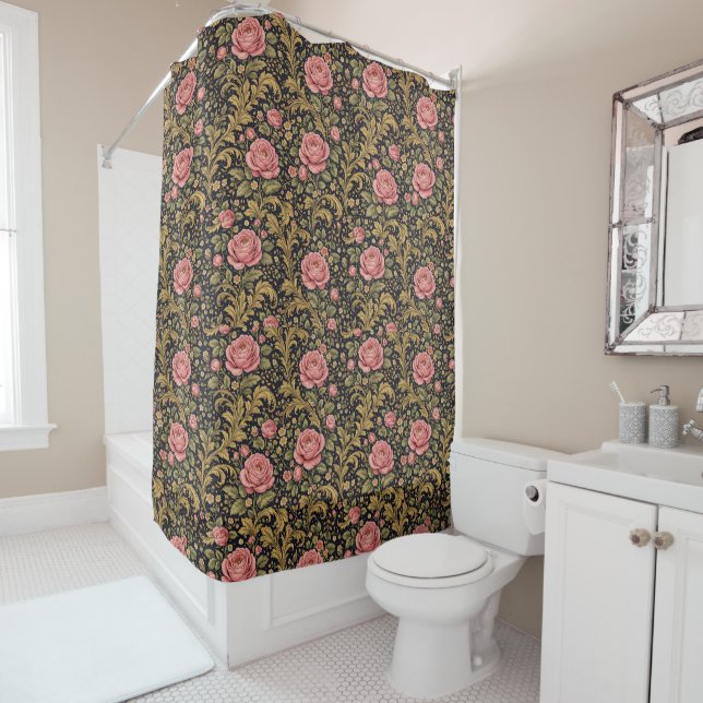 Rideaux De Douche Motif inspiré de William Morris Rose rose (En situation)