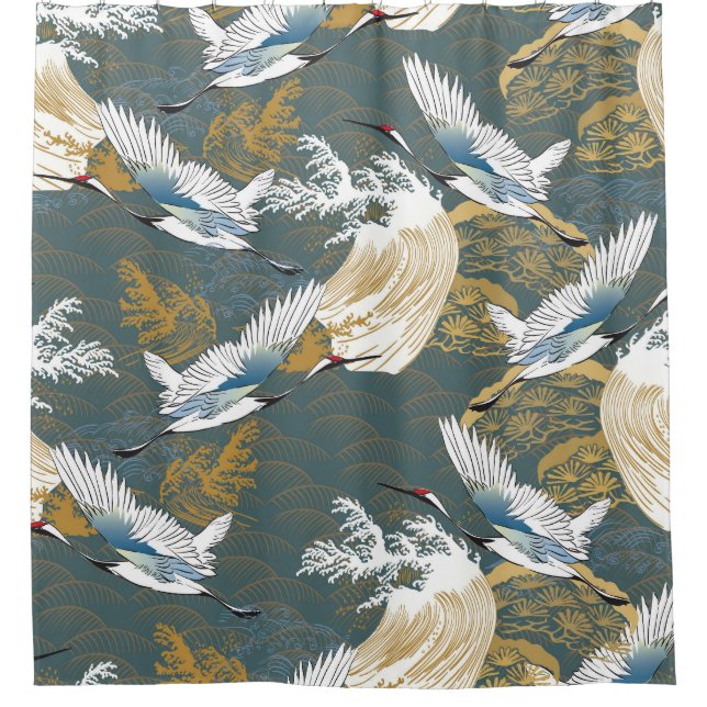 Rideaux De Douche Motif japonais Vintage Crane Birds (Devant)