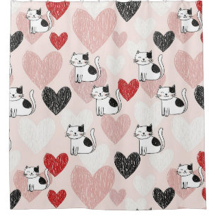 Rideaux De Douche Motif jolis chats kawaii roses & coeurs (9)