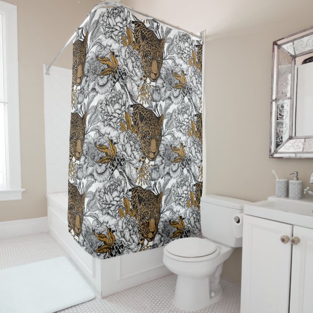 Rideaux De Douche Motif Leopard & Peonies (En situation)