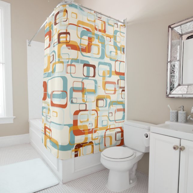 Rideaux De Douche Motif les années 70 Rétro Dans Les Tons Bleu Orang (En situation)