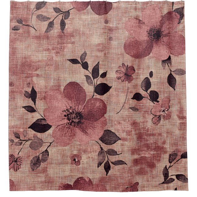 Rideaux De Douche Motif Lin Floral Rosé Rustique (2) (Devant)