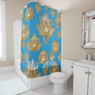Rideaux De Douche Motif Lotus bleu et or avec nom personnalisé