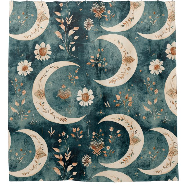 Rideaux De Douche Motif lunaire floral céleste Boho (9) (Devant)