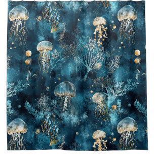Rideaux De Douche Motif Lux Ocean Jellyfish & Coral Gold