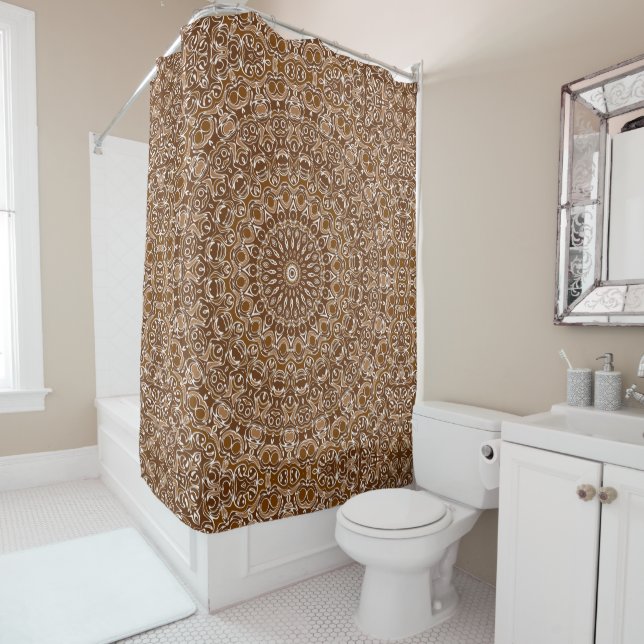 Rideaux De Douche Motif Mandala Marron Chocolat et Blanc (En situation)