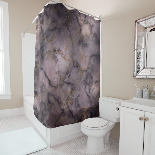 Rideaux De Douche Motif marbré noir, violet et blanc (En situation)