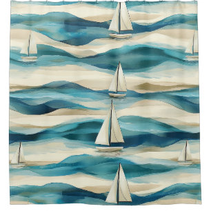 Rideaux De Douche Motif maritime côtier de voilier bleu vintage