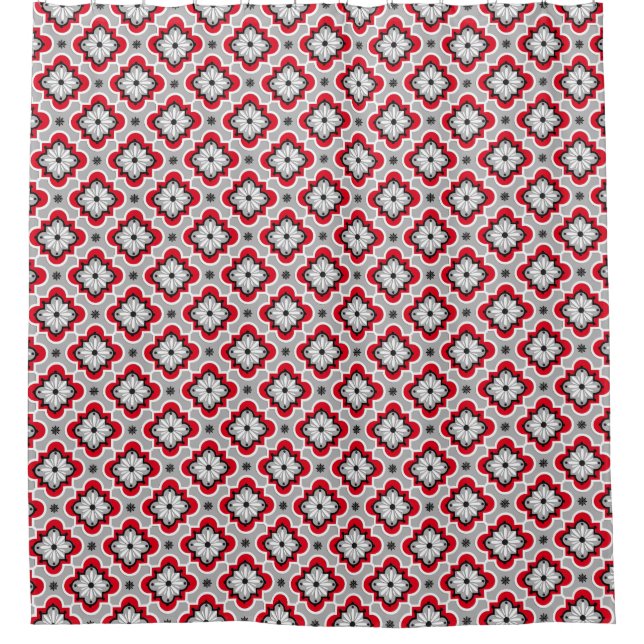 Rideaux De Douche Motif marocain en tuiles - Gris et Rouge (Devant)