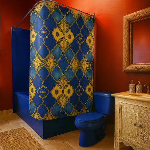 Rideaux De Douche Motif Marocain Quatrefeuilles Bleu de Cobalt Or