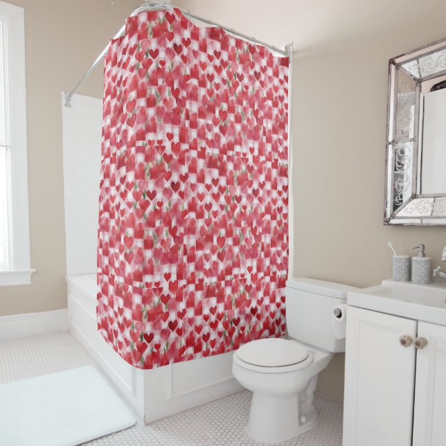 Rideaux De Douche Motif moderne Tartan Rouge Floral (En situation)