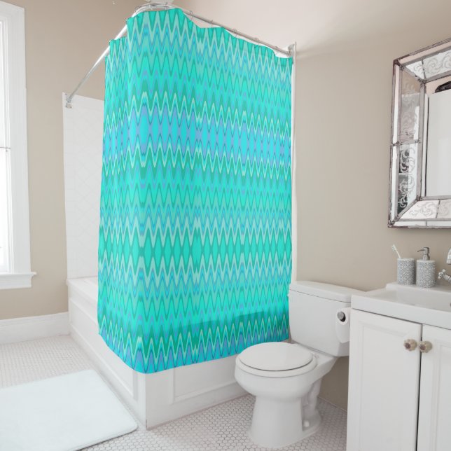 Rideaux De Douche Motif moderne zigzag - vagues turquoise (En situation)