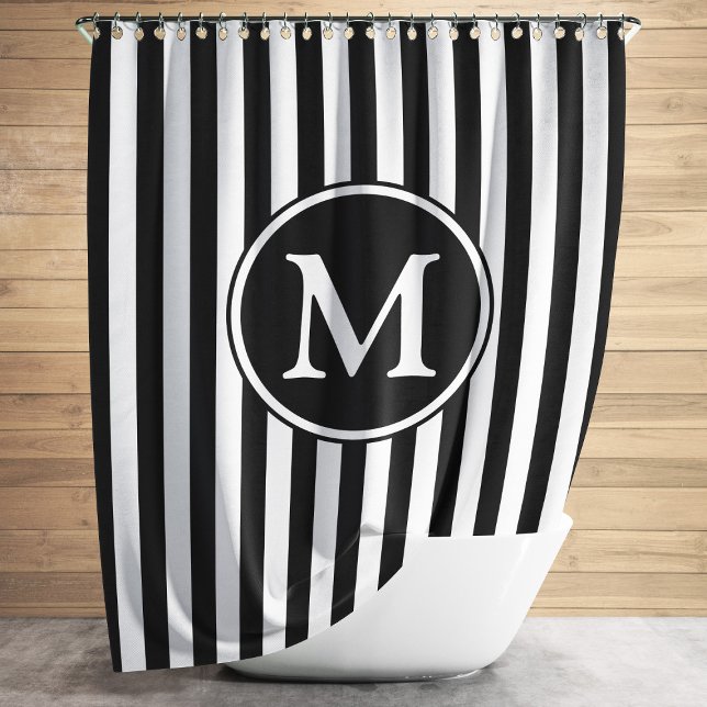 Rideaux De Douche Motif noir et blanc rayé monogrammé (Black White Pattern Striped Monogrammed Shower Curtain)