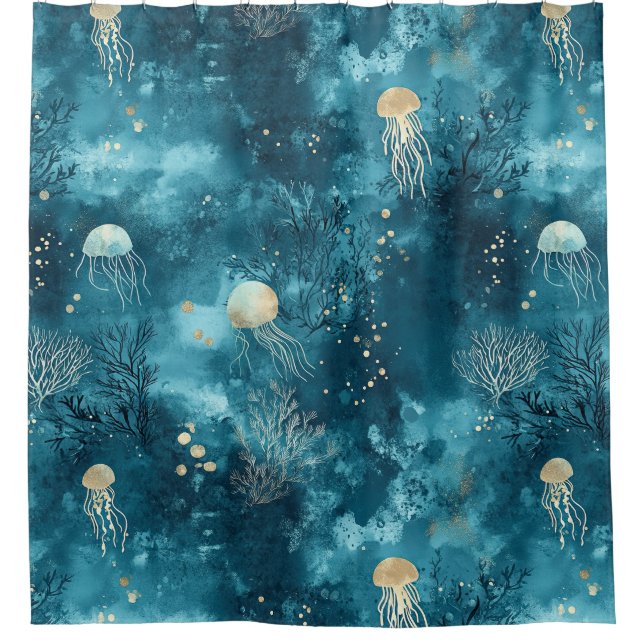 Rideaux De Douche Motif Océan Corail Méduse Bleu Luxe (Devant)