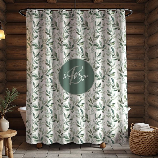 Rideaux De Douche Motif olivier rustique vert sauge monogramme (Créateur téléchargé)