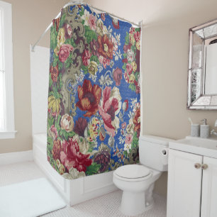 Rideaux De Douche Motif ornemental de rose victorienne bleu royal