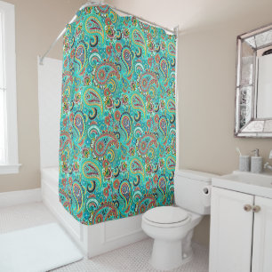 Rideaux De Douche Motif Paisley Bleu Clair Orange Jaune